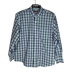 IZOD Blue Aqua White Plaid Long Sleeve Shirt Top Button Down- Size XXL